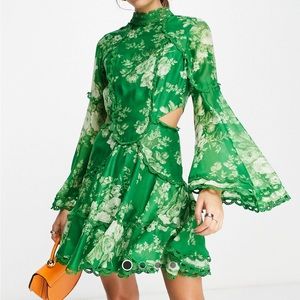 ASOS DESIGN scallop trim high neck mini dress floral print in green
